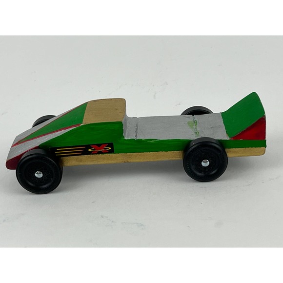 Pinewood Derby Wooden Race Car Green Silver Painted Handmade Cub Scouts VTG - Picture 1 of 5